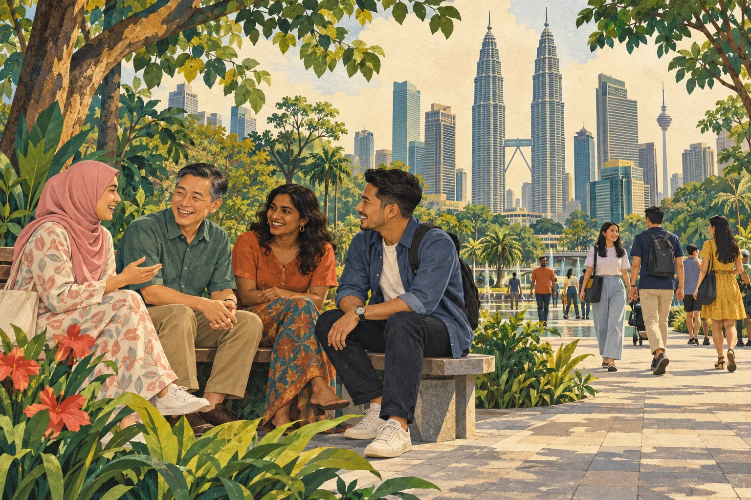 Imagined Malaysians of varied ages and cultural backgrounds, including a woman in a hijab, enjoying a non-religious gathering in a Kuala Lumpur city-centre park.