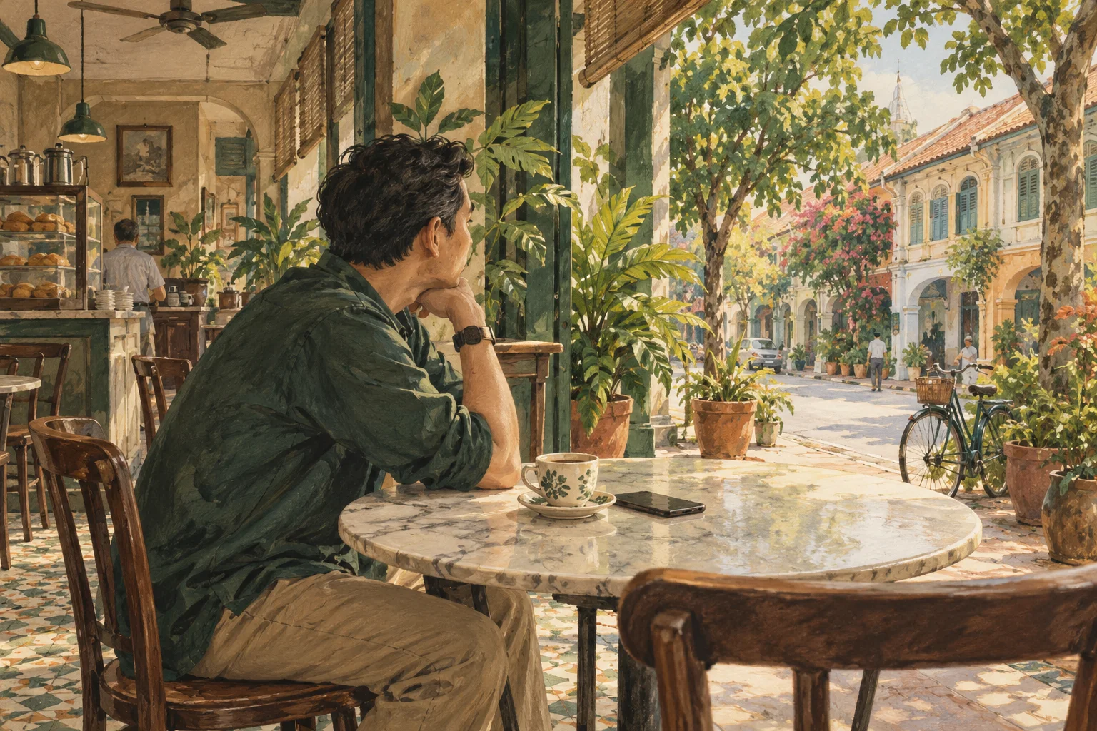 Ilustrasi seseorang berhenti sejenak di meja kopitiam Malaysia, bersama teh dan telefon yang diterbalikkan.