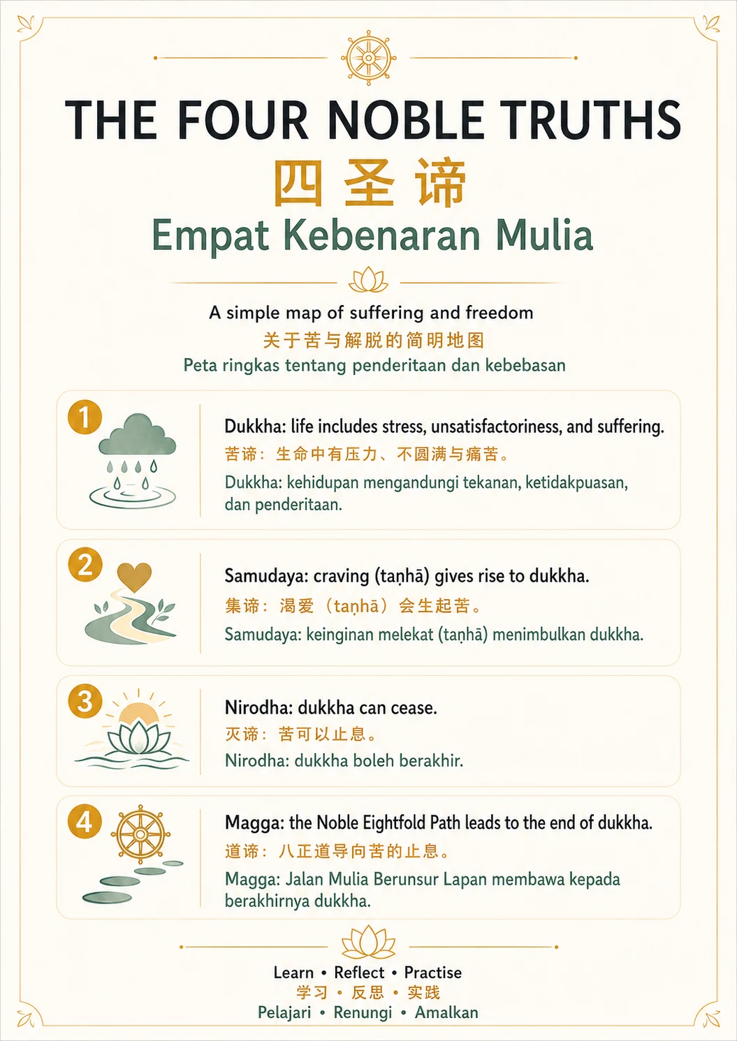 The Four Noble Truths — trilingual lesson poster