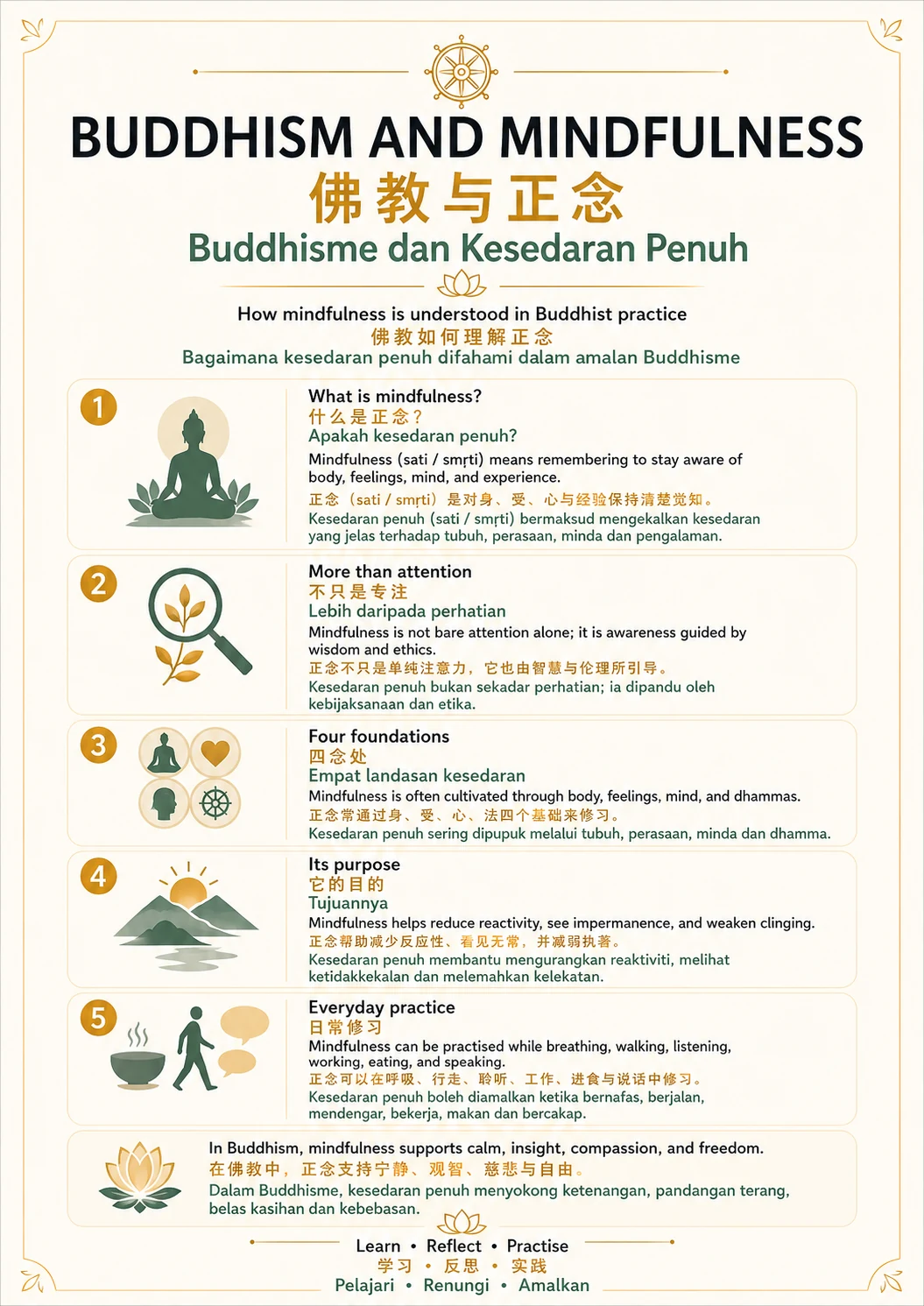 Buddhism and Mindfulness — trilingual lesson poster