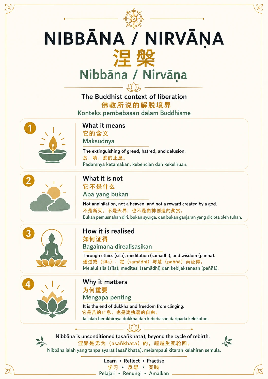 Nibbāna / Nirvāṇa — trilingual lesson poster