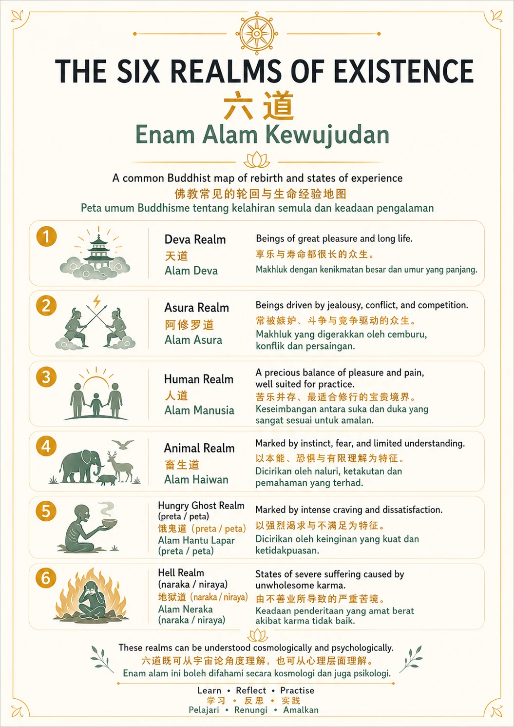 The Six Realms of Existence — trilingual lesson poster