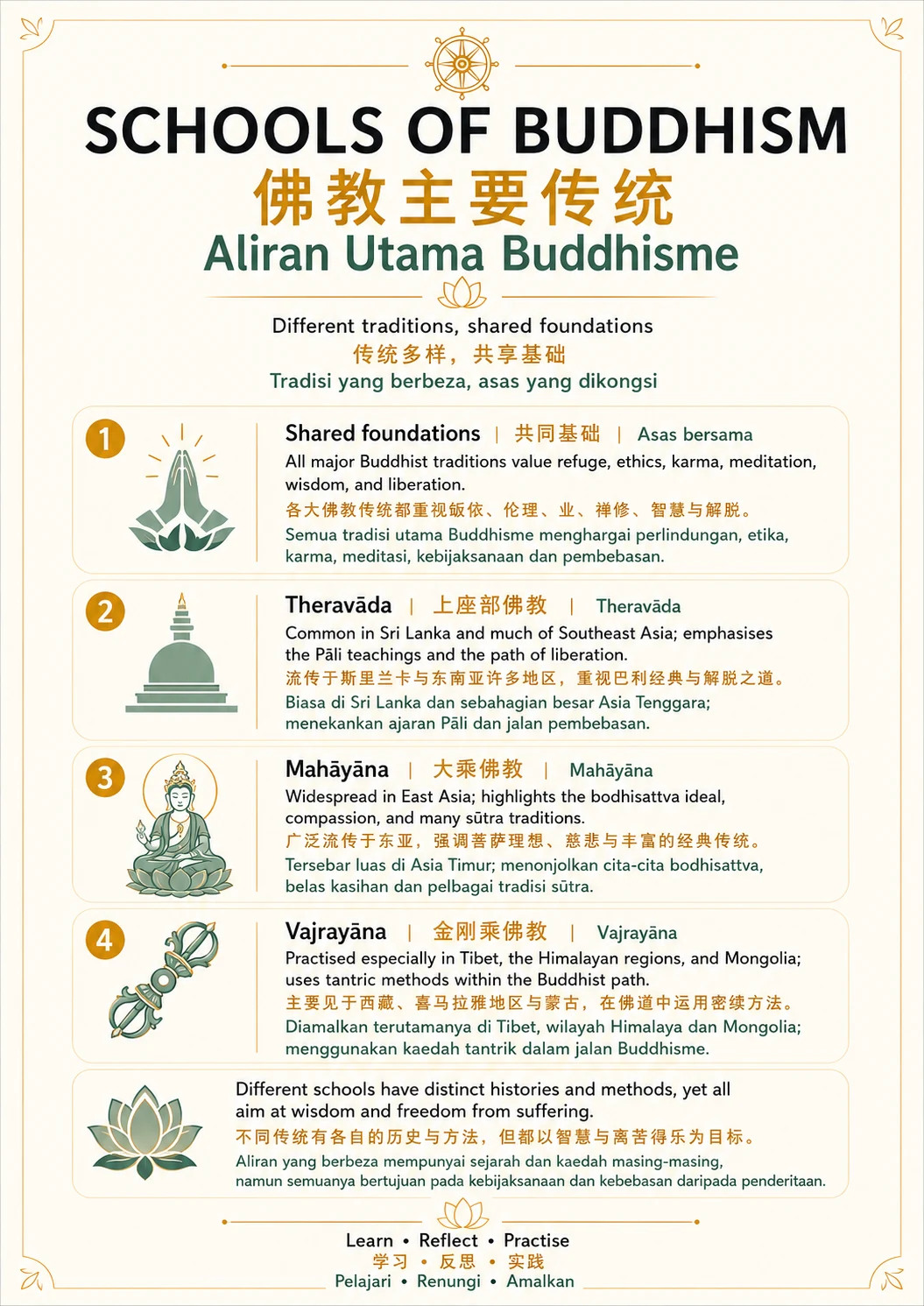 Schools of Buddhism — trilingual lesson poster