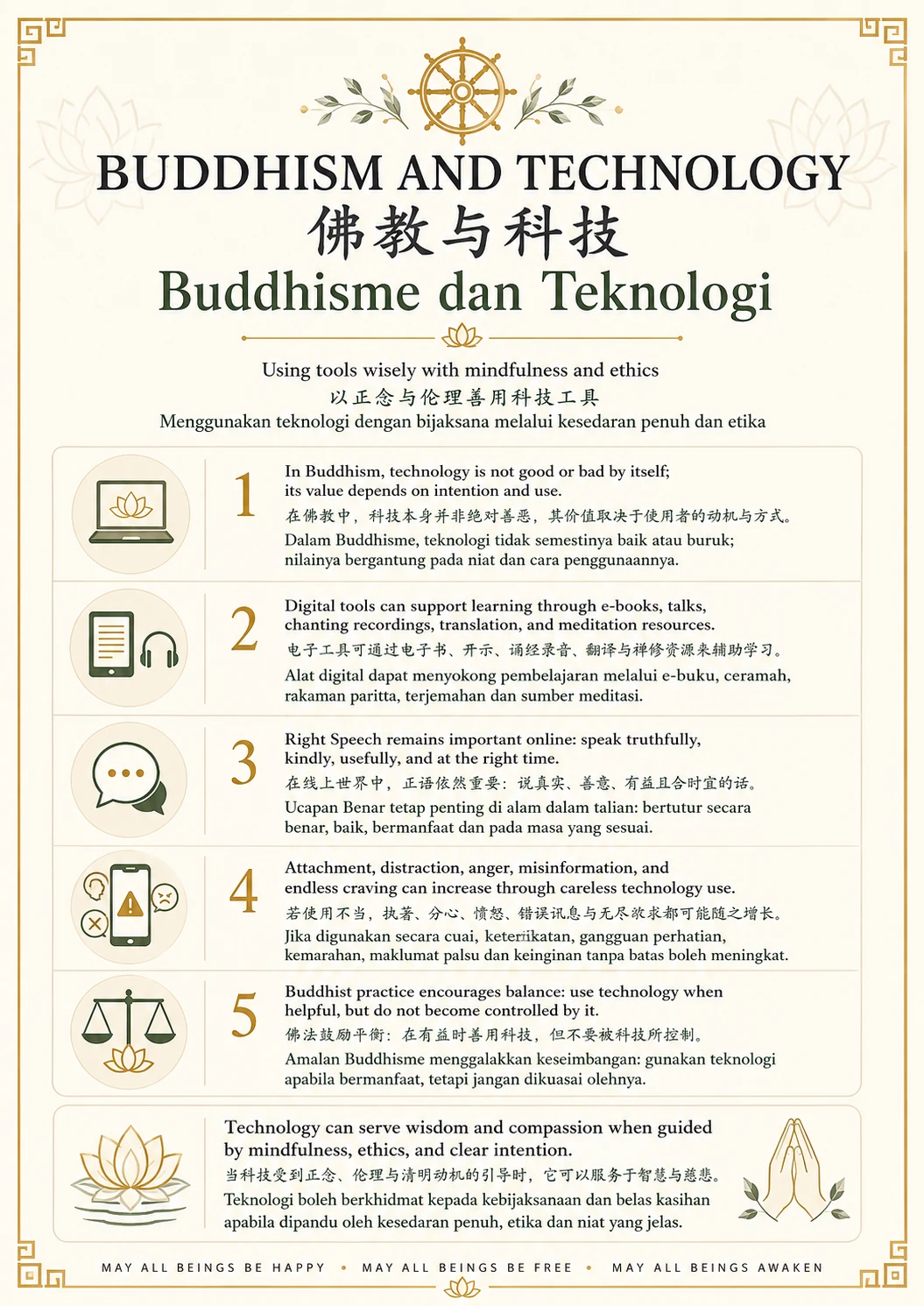 Buddhism and Technology — trilingual lesson poster