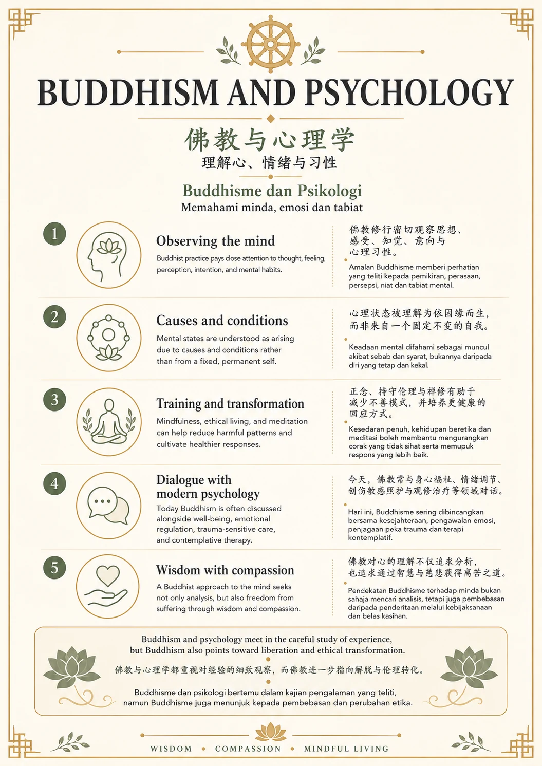 Buddhism and Psychology — trilingual lesson poster