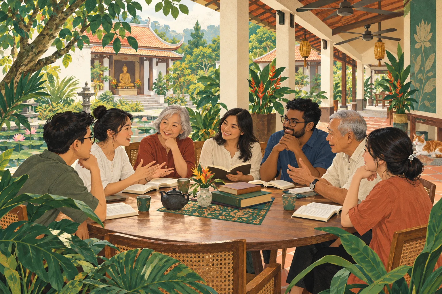 Imagined Buddhist practitioners of different ages and family backgrounds learning together in a Malaysian Buddhist temple courtyard.